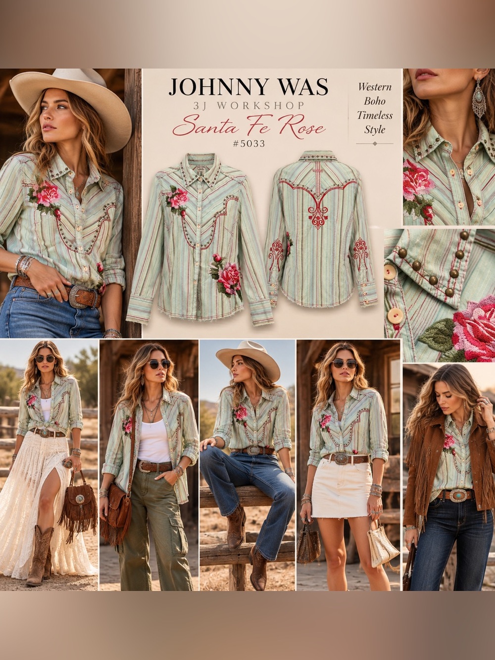 Johnny Was 3J Workshop Santa Fe Rose Western Shirt L